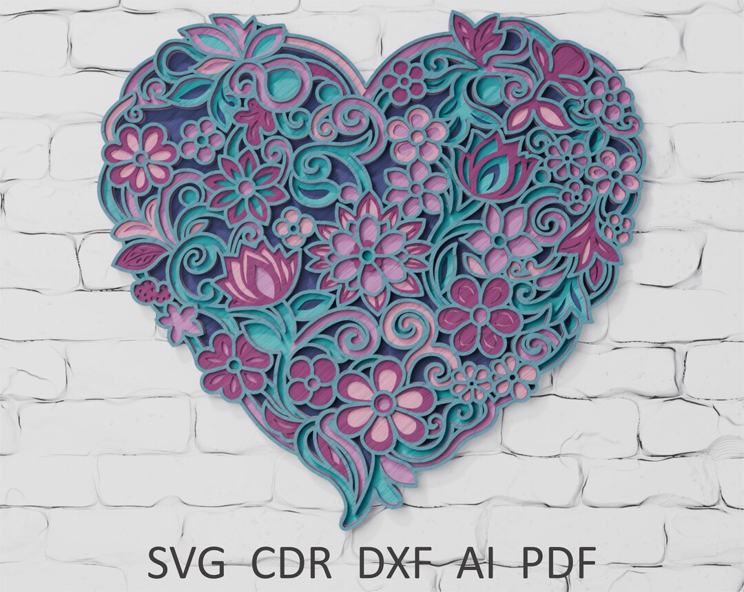 Layered Floral Heart SVG Laser Cut Files: Valentine Wall Art Decor ...