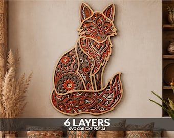 Gelaagde Fox Wall Art svg: Mandala Wildlife lasergesneden bestand (svg, dxf, pdf, ai)