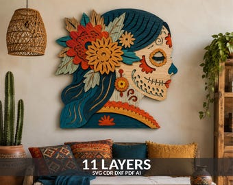 Sugar Skull Layered SVG Cut File: Mexican Girl Mandala Design (Digital Download)