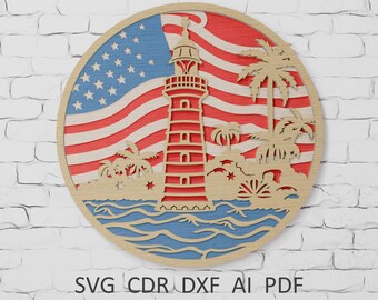 Lighthouse USA Flag Laser Cut File, 3D Wall Art SVG DXF Pattern