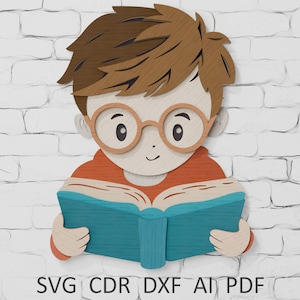 3D Layered Boy Reading Book SVG: Multilayer Papercut for Cricut, Glowforge