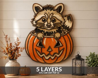 Mapache bebé de Halloween en calabaza, cortado con láser, vector, caja de sombras SVG, decoración de animales del bosque, recorte de papel espeluznante de otoño, hogar, regalo de Halloween