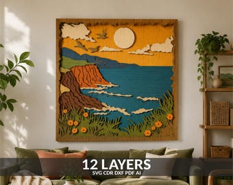 3D Layered Seascape SVG: Cliffs, Ocean Mandala, Laser Cut Template (Digital Files)