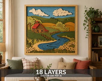 Farm Barn Shadow Box SVG: Layered Country Landscape, Glowforge CNC Cricut (Digital Download