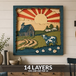 May include: A multi-layered wooden wall art piece featuring a farm scene with a blue barn, a black and white cow, a winding path, and a sunburst background. The artwork is composed of 14 distinct layers, showcasing a rural landscape with flowers.