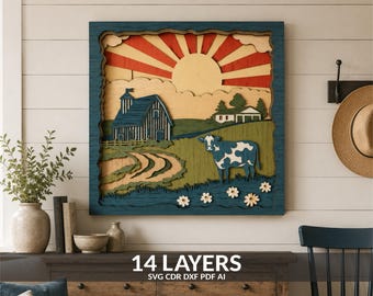 Cow on farm scene multilayer, Layered 3D Cow Barn Dxf cut files for Cricut, Farm life Paper cut template, Multilayer Shadow box DIY Design