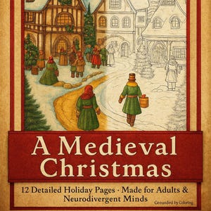 May include: A digital coloring book cover featuring a medieval Christmas scene. The image shows snow-covered buildings and figures in historical attire. Text includes "Printable Medieval Christmas Coloring Book" and "A Medieval Christmas".