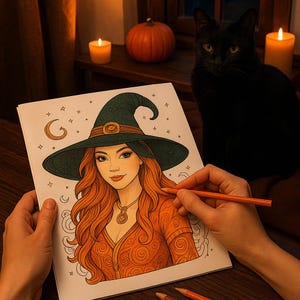 May include: A person is colouring a witch illustration with an orange pencil. The witch has red hair and a green hat. A black cat, pumpkin, and lit candles are in the background. The witch illustration has a necklace.