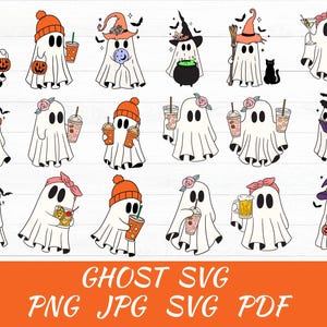 Cute Ghost Halloween svg Bundle, Retro Ghost png, Retro Floral Ghost png, Dog Ghost svg, Ghost Reading svg, Spooky Season, Halloween png