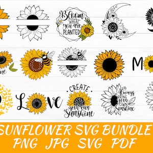 Sunflower SVG Bundle: Cricut Cut Files, Quotes, PNG, SVG (Digital Download)