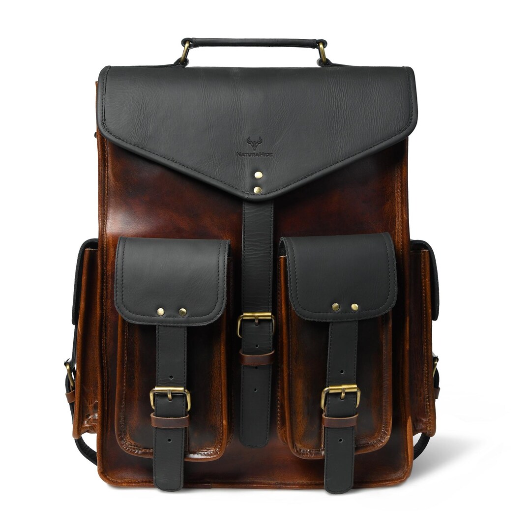 Handmade Leather Backpack for Men Vintage Two-tone Satchel Rucksack ...
