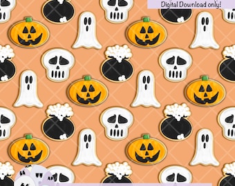 Naadloze Halloween-suikerkoekjespatroon: handgetekende spookachtig ontwerp (digitale png-download)
