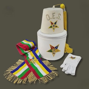OES Fez Set, Off white fez Hat with OES Sash Gloves and Fez Box Order of the Eastern Star