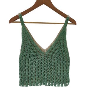 Handmade Crochet Festival Wear. Boho Knitted Summer Crop Top. Unique Gift Idea for Women. Beige Green V-Neck Sleeveless Tank.