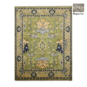Muted Turkish Oushak Hand-Knotted Wool Area Rug Green Navy Color Vintage Carpet |Traditional Luxury Floor Area Rug for Living Room Bedroom
