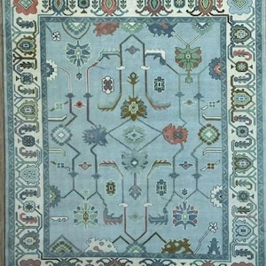 Green Turkish Oushak Rug  Hand-Knotted Wool  Rug | Antique |Large Traditional Area Rug for Living Room Dining Bedroom 8x10 9x12