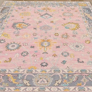 Pastell Rosa Oushak Teppich Handgeknüpfter Wollteppich | Antiker Tarkischer Teppich | Großer Traditioneller Teppich für Wohnzimmer Esszimmer Schlafzimmer 20x30 9x12