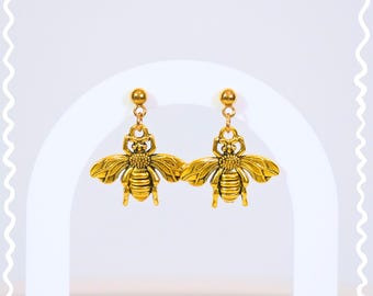 Gold Bee Earrings on Studs - Chunky Bumble Bee Jewellery