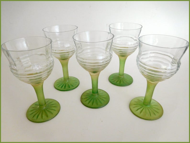 Vintage Cordial Stemmed Glasses 5 Green Stem & Base Etsy