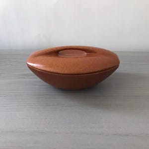 May include: A brown, oval-shaped ceramic container with a lid and a handle. The lid has a clear, circular handle. The container has a speckled texture and sits on a light gray surface. The overall design is simple and functional.