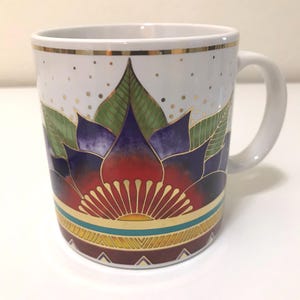 Laurel Burch Mug | Colorful Mandala Floral Design | Gold Trim Ceramic Coffee Cup | Boho Artistic Drinkware