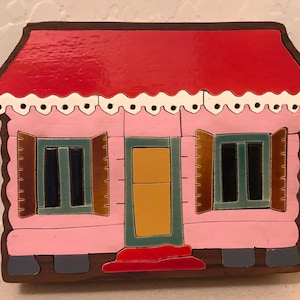 Vintage Hand Painted Wooden House Shaped Box