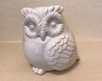 May include: A white ceramic owl figurine with detailed feather and eye features. The owl is sitting upright, with a rounded body and a slightly glossy finish. The figurine is a decorative item.