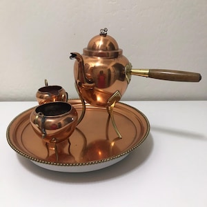 Vintage Copper Tea Set with Tray | Mid-Century Modern Brass Legged Teapot Creamer Sugar Bowl | Retro Kitchen Decor