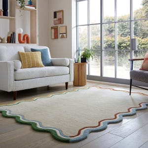 Hand Tufted Wool Area Rug Modern Scalloped Border Beige Carpet Wavy Multicolor Edge Rug for Living Room Bedroom Nursery Custom Handmade Gift