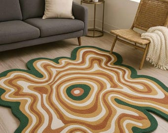 Retro wavy hand tufted rug, irregular green mustard abstract area carpet, funky 70s groovy living room floor decor, custom organic shape rug