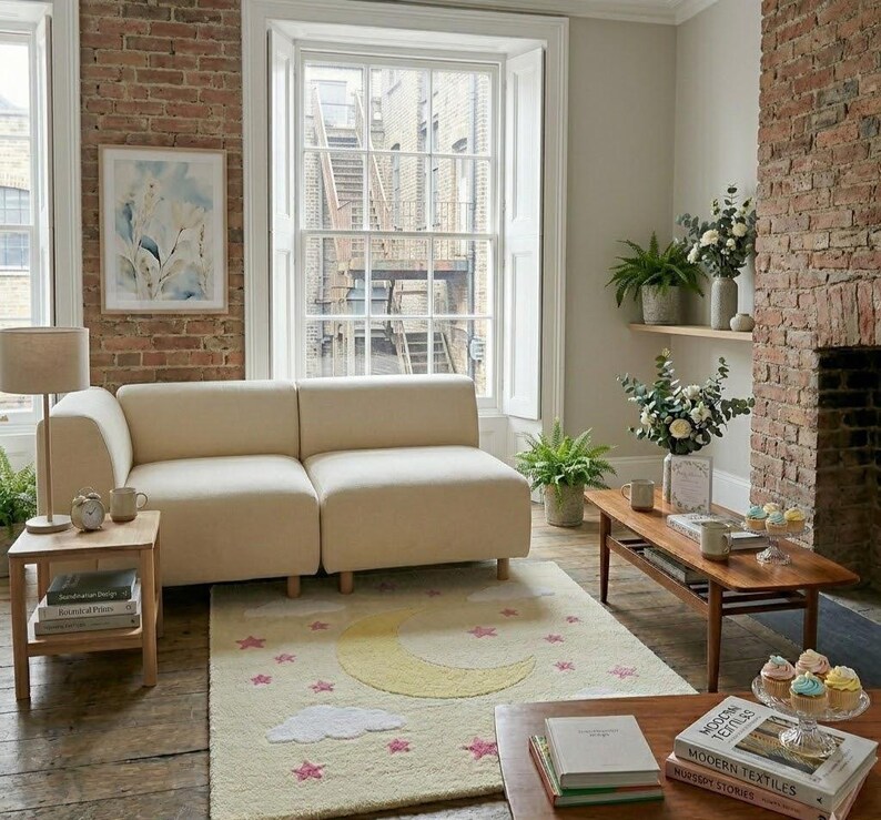 May include: A cozy living room scene featuring a cream-colored sectional sofa, a wooden coffee table, and a rug with a moon and star design. The room has a brick wall, a large window, and a painting on the wall. Plants and decorative items add to the inviting atmosphere.
