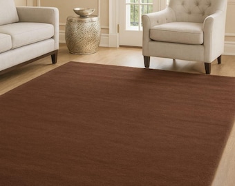 Hand tufted solid brown rug, modern chocolate wool area carpet for living room, minimalist neutral floor decor, custom size handmade plush