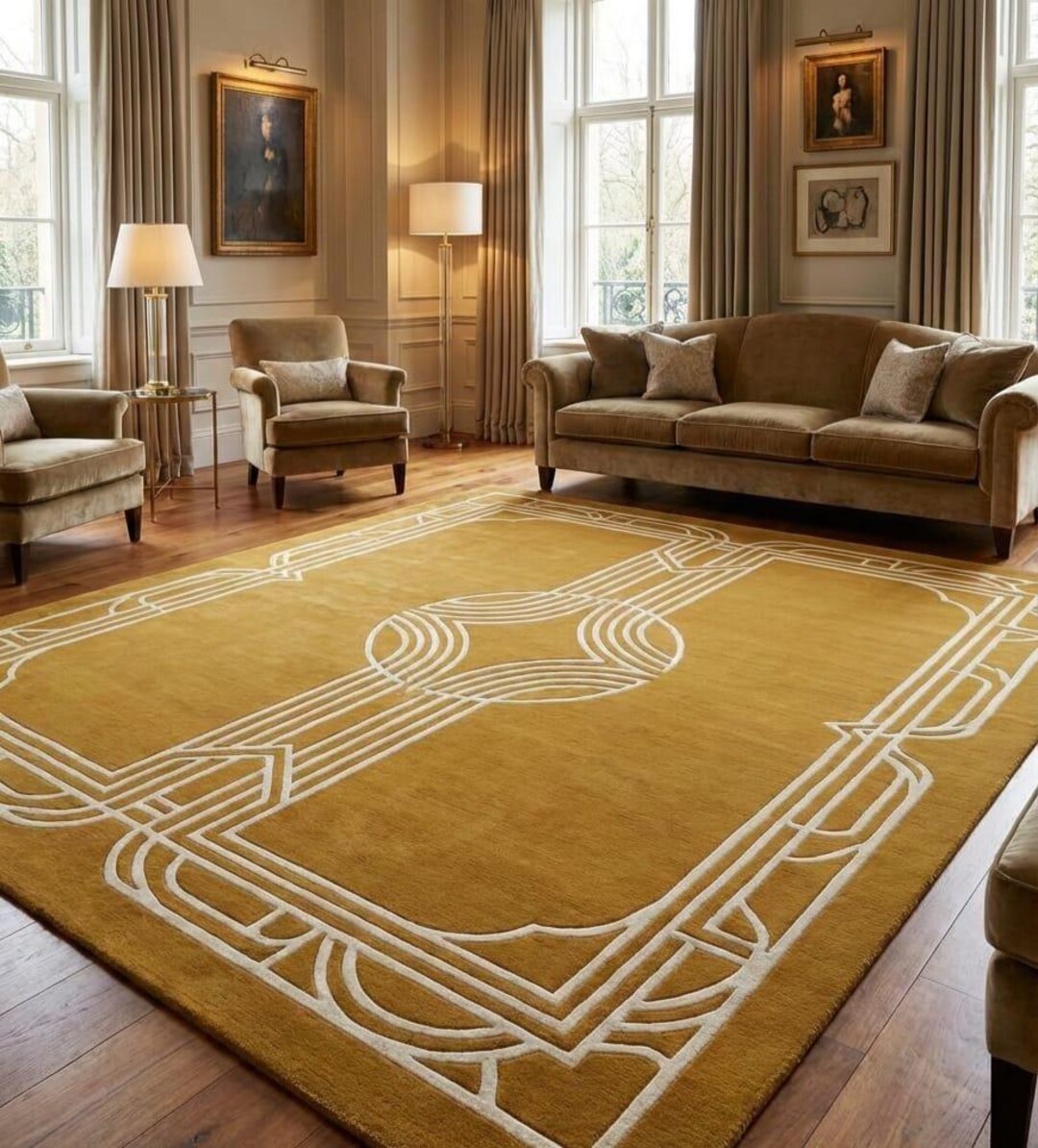 Hand Tufted Art Deco Rug Gold Mustard Yellow Large Area Rug 8x10 9x12 ...