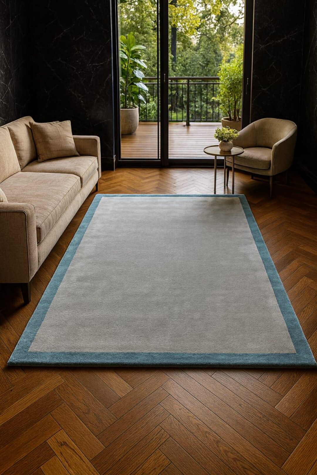 Hand Tufted Teal Border Rug – Minimalist Gray Modern Area Carpet for ...