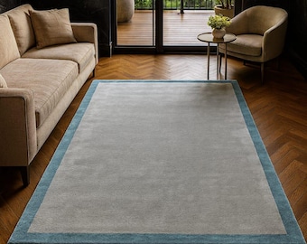 Hand Tufted Teal Border Rug – Minimalist Gray Modern Area Carpet for Scandinavian Living Room Neutral Home Decor