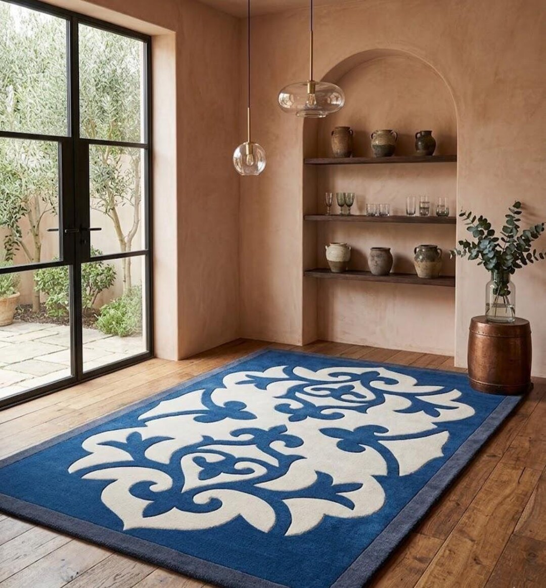 Modern Damask Hand Tufted Area Rug Blue and White Wool Carpet ...