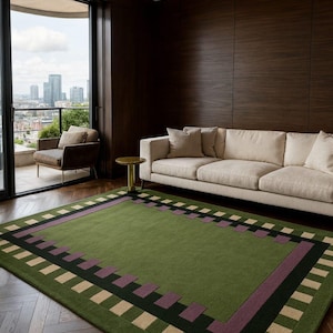 Olive Green Hand Tufted Wool Cotton Area Rug | Geometric Border Modern Living Room Bedroom Carpet