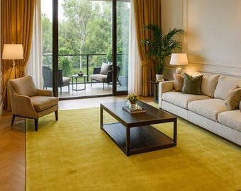 Hand tufted mustard yellow rug, modern solid wool area carpet for living room, minimalist golden floor decor, custom size handmade soft rug