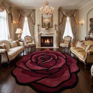 Burgundy Rose Hand Tufted Rug – 3D Red Flower Shaped Area Carpet