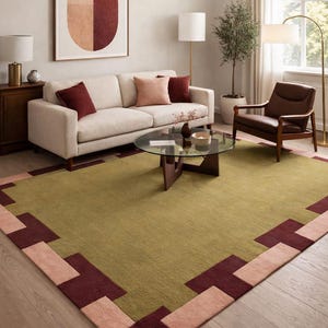 Olive Green Rug Hand Tufted Wool Area Rug Geometric Border Burgundy Pink Modern Living Room Decor Mid Century Bedroom Carpet