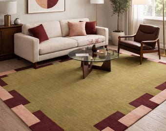 Olive Green Rug Hand Tufted Wool Area Rug Geometric Border Burgundy Pink Modern Living Room Decor Mid Century Bedroom Carpet