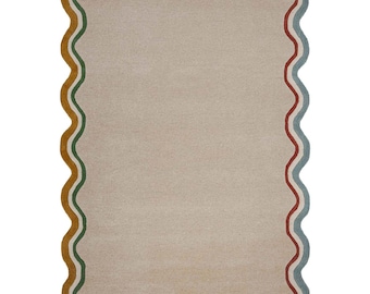 Hand Tufted Wool Area Rug Modern Scalloped Border Beige Carpet Wavy Multicolor Edge Rug for Living Room Bedroom Nursery Custom Handmade Gift