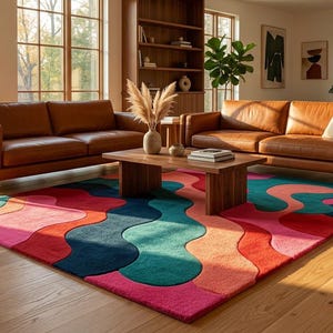 Hand Tufted Wool Carpet, Colorful Wavy Area Rug, Bright Groovy Swirl Pattern Pink Teal Red Living Room Rug, Funky Home Decor Custom Size Mat