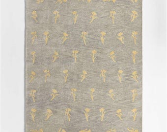 Gray Floral Rug Hand Tufted Wool Yellow Flower Pattern Area Carpet for Living Room Bedroom Modern Neutral Decor