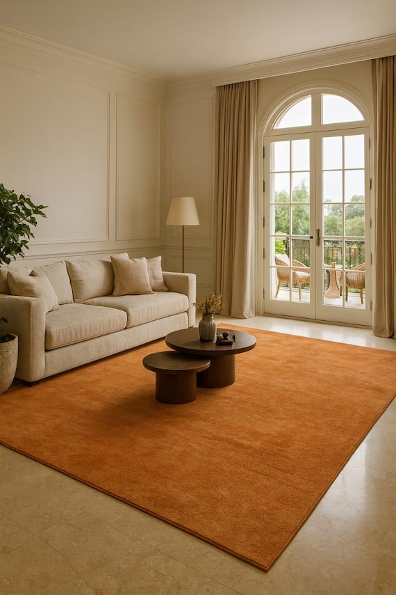 Hand tufted burnt orange rug, modern solid wool area carpet for living room, minimalist rust tone floor decor, custom size handmade soft rug