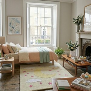May include: A bedroom scene with a bed, rug, and side table. The bed has peach bedding and a light green throw. A cream-colored rug features a yellow moon, white clouds, and pink stars. A wooden side table holds a lamp and books.