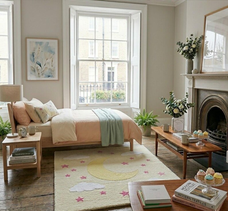 May include: A bedroom scene with a bed, rug, and side table. The bed has peach bedding and a light green throw. A cream-colored rug features a yellow moon, white clouds, and pink stars. A wooden side table holds a lamp and books.