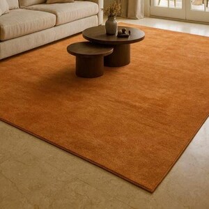 Puede incluir: Una alfombra rectangular naranja con una superficie texturizada. La alfombra est&aacute; colocada sobre un suelo de color claro, con un sof&aacute; beige y dos mesas de centro de madera marr&oacute;n en el fondo. La alfombra a&ntilde;ade calidez al espacio habitable.