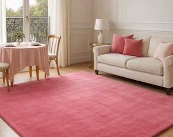 Alfombra rosa con mechones hechos a mano, moderna alfombra de lana color rosa ruborizado sólido para sala de estar o dormitorio, decoración de piso minimalista y acogedora, tamaño personalizado hecho a mano