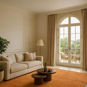 Puede incluir: Sal&oacute;n con sof&aacute; beige, cojines y mesa de centro redonda de madera. Una alfombra naranja cubre el suelo. Tambi&eacute;n se ven una l&aacute;mpara de pie y una ventana grande con cortinas beige.